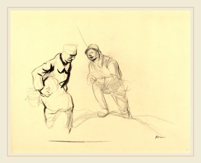 Jean-Louis Forain, Two Soldiers, French, 1852-1931, c. 1914-1919, black crayon and brush and brown