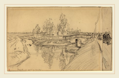 Auguste LepÃ¨re, Arrivee au Marche, French, 1849-1918, black chalk on two sheets of laid paper
