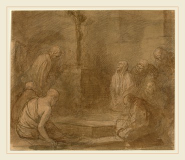 Alphonse Legros, At the Foot of the Cross, French, 1837-1911, pen and brown ink with brown wash