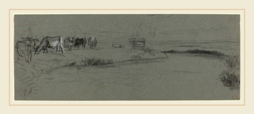 Constant Troyon, French (1810-1865), River Bank with Cattle, probably after 1850, black and white