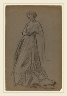 French 19th Century, Standing Woman Leaning on Her Elbow, 1890s, black chalk heightened with white