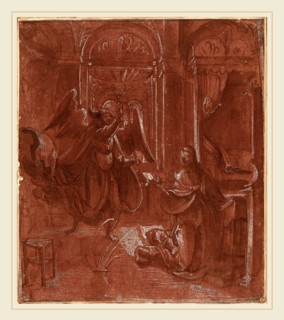 German 16th Century, The Annunciation, c. 1520, pen and brown ink with red-brown wash heightened