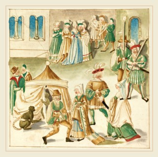 German 16th Century, Court Amusements with Two Monkeys, c. 1515, pen and brown ink with watercolor