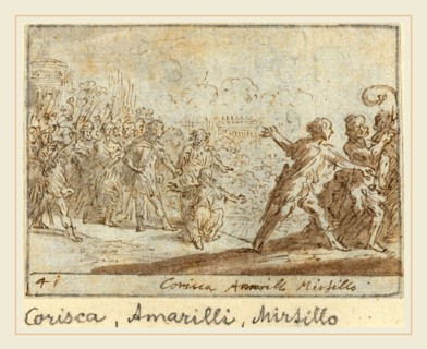 Johann Wilhelm Baur, German (1607-1641), Corisca, Amarilli and Mirtillo, 1640, pen and brown ink