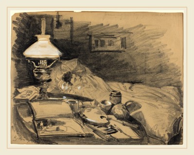 Melchior Lechter, German (1865-1937), The Artist's Studio, 1885, graphite heightened with white