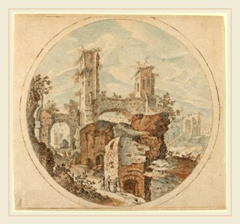 Pieter Stevens, Flemish (c. 1567-1624 or after), Travellers among Roman Ruins, pen and brown ink