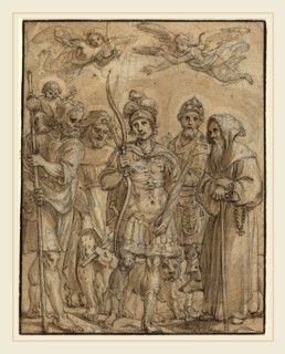 Pieter de Jode I, Flemish (1570-1634), Five Saints, pen and brown ink with brown wash over black