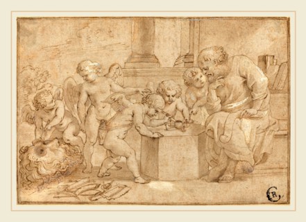 Sir Peter Paul Rubens, Flemish (1577-1640), Elderly Man Watching Putti Dissect an Eye, c. 1613, pen