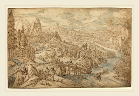 Tobias Verhaecht, Flemish (1561-1631), River Landscape, pen and brown ink with blue and brown wash