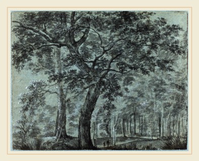 Joris van der Haagen, Dutch (1615-1669), Woods at Night with Travelers, brush and gray wash with