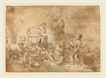 Style of Adriaen van Ostade, Brawl in an Inn, c. 1635, pen and brown ink with brown wash and