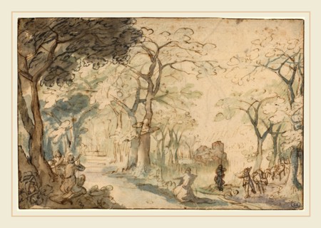 David Vinckboons, Dutch (1576-c. 1632), Landscape with Elisha Mocked, c. 1610, pen and brown ink