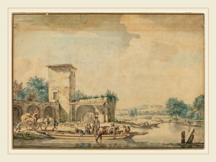 Wigerus Vitringa, Dutch (1657-1721), River Landscape with a Ferry Boat, pen and black ink and