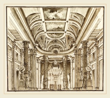 Pietro Gonzaga, Italian (1751-1831), Fantasy of a Great Hall with Basketweave Columns, c. 1800, pen