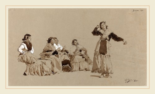 Pio Joris, Italian (1843-1921), Spanish Dancers, 1873, pen and brown ink with brown wash and white