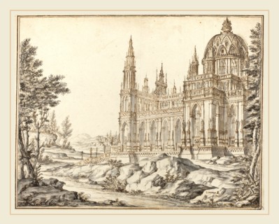Vincenzo dal Re, Italian (died 1762), Cathedral in a Landscape, pen and brown ink with gray wash