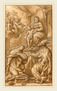 Giuseppe Nicola Nasini, Italian (1657-1736), The Madonna and Child Enthroned, Adored by Two Saints,