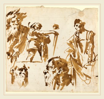 Giovanni Domenico Tiepolo, Italian (1727-1804), Figures and Faces, 1750s, brush and brown wash on