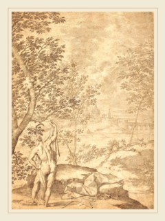 Donato Creti, Italian (1671-1749), Apollo Standing in a River Landscape, 1720-1730, pen and brown
