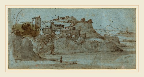 Master of the Blue Landscapes, Italian (active 1650), Village atop a River Cliff [recto], pen and