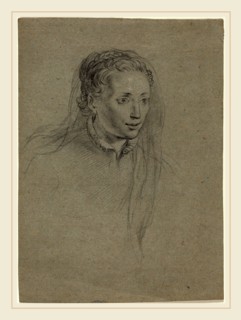 Ottavio Leoni, Italian (c. 1578-1630), Young Woman with Braided Hair and a Veil, c. 1610, black
