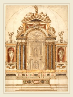 Italian 17th Century, An Elaborate Altar of Colored Marble Ornamented with Sculptures, 1600s, pen