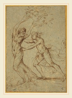 Giulio Romano, Italian (1499-1546), Apollo and Daphne, pen and brown ink on blue-gray laid paper