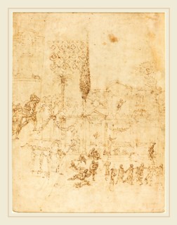 Pirro Ligorio, Italian (c. 1513-1583), A Party in a Roman Villa [recto], pen and brown ink on laid