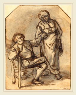 Adriaen van Ostade, Dutch (1610-1685), Two Peasants Drinking, pen and brown ink with gray-brown
