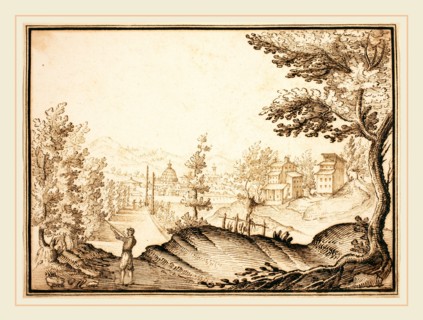 Remigio Cantagallina, Italian (1582-1583-1656), A Landscape with a Domed Building, pen and brown