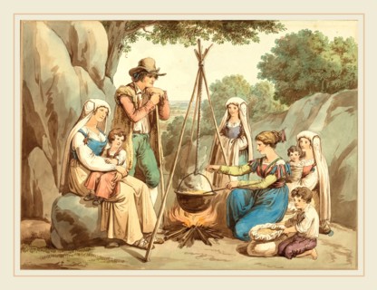 Bartolomeo Pinelli, Italian (1781-1835), A Peasant Family Cooking over a Campfire, watercolor over