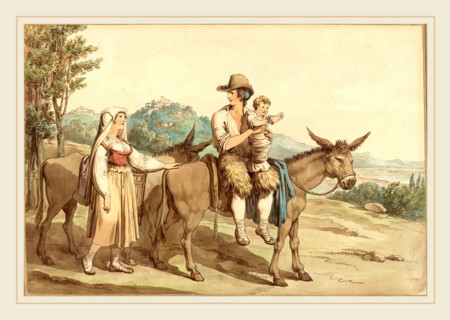 Bartolomeo Pinelli, Italian (1781-1835), A Peasant Family with Their Donkey, watercolor over