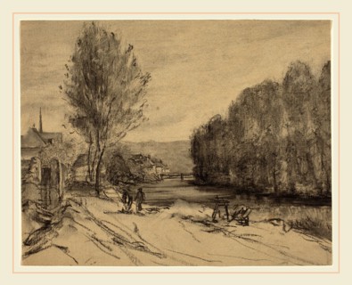 French 19th Century, A Landscape with a River, charcoal with stumping on laid paper