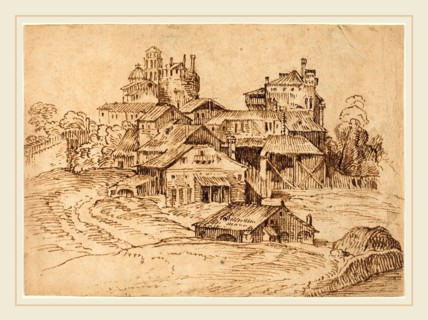 Bolognese 17th Century, View of an Italian Town (after Titian or Domenico Campagnola), pen and