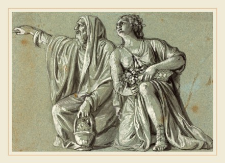 Roman 18th Century, Two Kneeling Figures with Offerings, pen and black ink with black wash,