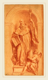 Jakob Frey, Swiss (1681-1752), A Sculpture of Saint Benedict in a Niche, 1735, red chalk heightened