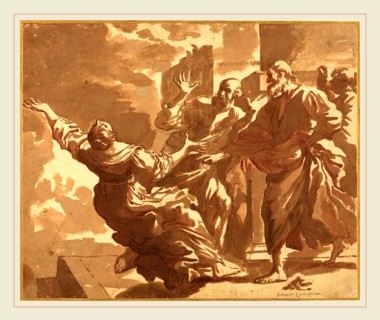 Jan de Bisschop, Dutch (1628-1671), The Death of Sapphira, brown wash with black and red chalk on