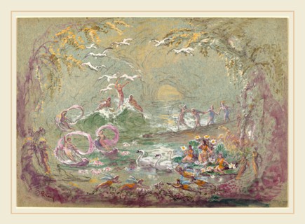 Robert Caney, British (1847-1911), Lake Scene with Fairies and Swans, watercolor and gouache,