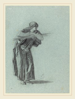 Alexandre Bida, French (1823-1895), Middle Eastern Woman Leaning on a Rail, black chalk with white