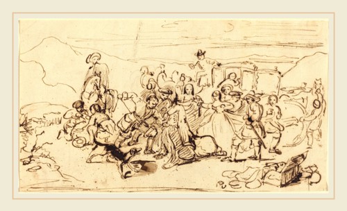Sir David Wilke (Scottish, 1785-1841), A Stage Coach Robbery, c. 1820, pen and brown ink with brown