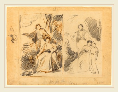 George Romney, British (1734-1802), Two Studies for a Family Portrait, graphite with pen and brown