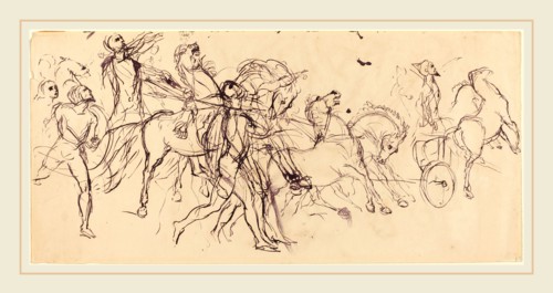 EugÃ¨ne Delacroix, French (1798-1863), Charioteers, pen and black ink with black wash on wove paper