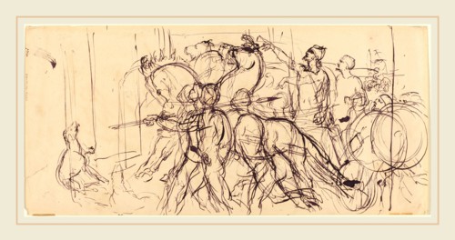 EugÃ¨ne Delacroix, French (1798-1863), Charioteers, pen and black ink with black wash on wove paper