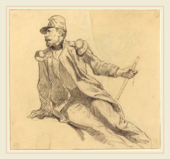 Hippolyte Bellangé, French (1800-1860), A Seated Soldier, black chalk over graphite on wove paper