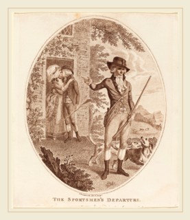 Isaac Cruikshank, British (1756-1810-1811), The Sportsmen's Departure, stipple etching in brown ink