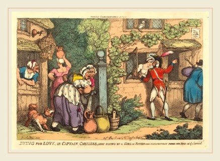 Thomas Rowlandson, British (1756-1827), Dying for Love, or Captain Careless shot flying by a Girl