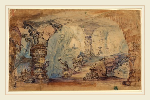 Robert Caney, British (1847-1911), Imaginary Interior With Columns And Stairs, watercolor and