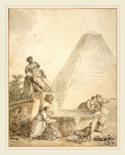 Hubert Robert, French (1733-1808), A Roman Capriccio with the Pyramid of Gaius Cestius, pen and