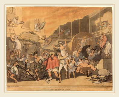 Thomas Rowlandson, British (1756-1827), The Inn Yard on Fire, 1791, hand-colored etching and