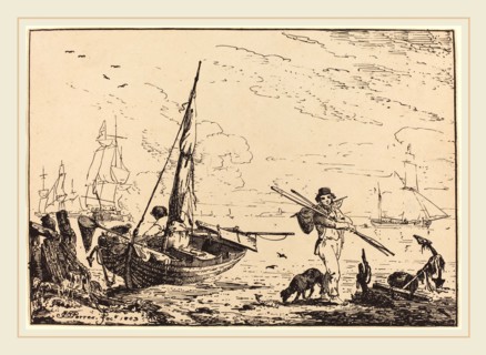 John Thomas Serres, British (1759-1825), Marine: Fishing Boats on Shore, Man with Oars, Ship in
